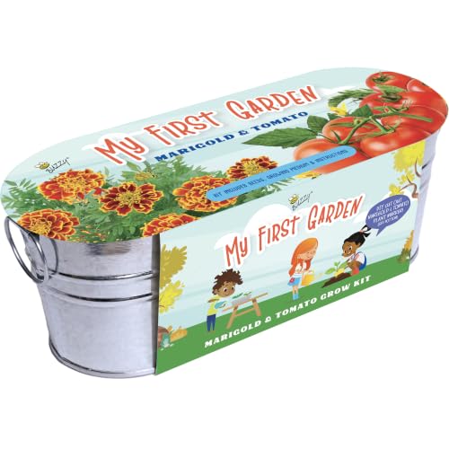 Buzzy Seeds My First Garden Windowsill Grow Kit - Metal Windowsill Planter - Complete Indoor Gardening Kit with Seeds, Coconut Husk Growing Medium & Genuine Pots - 100% Grow Guarantee - color: My First Garden