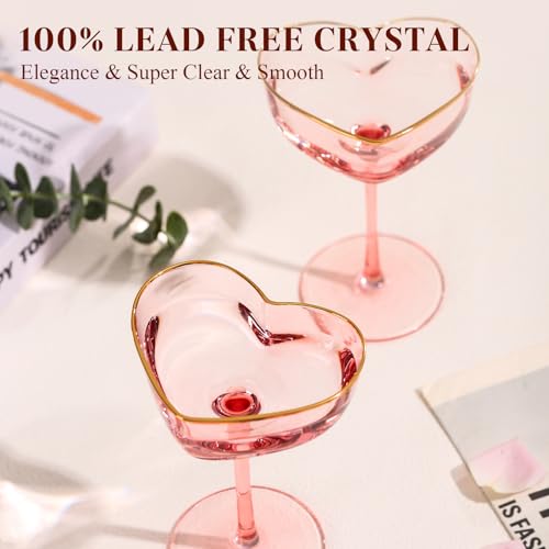 Pink Coupe Glasses Set of 2, Heart-Shaped Martini Glasses with Golden Rim, Fancy Manhattan, Cosmopolitan, Sidecar Cocktail Glassware for Wedding, Mothers Day, Birthdays, Anniversary- 8oz - size: 2 Count(Pack of 1)