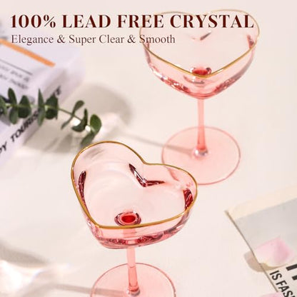 Pink Coupe Glasses Set of 2, Heart-Shaped Martini Glasses with Golden Rim, Fancy Manhattan, Cosmopolitan, Sidecar Cocktail Glassware for Wedding, Mothers Day, Birthdays, Anniversary- 8oz - size: 2 Count(Pack of 1)