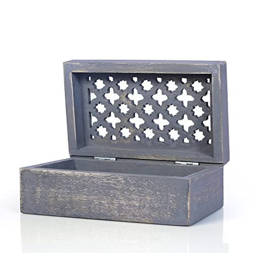 Trellis Mango Wood Box - Distressed Dove, 9x6 in | Decorative memory storage box with hinged lid, great to cleanly stash away your collectible trinkets, cards or mementos. - color: Distressed Grey, size: Large