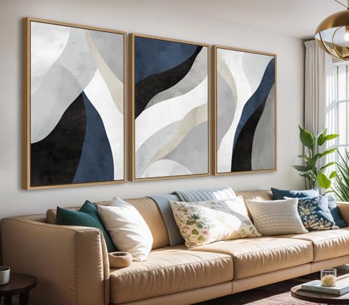 Large Abstract Framed Wall Art, Modern Blue Grey Canvas Pictures, 16"X24"X3 | Contemporary Navy Gray White Colour Block Painting Artwork, Natural Float Framed, 16X24 Inch Set of 3, for Living Room Office - color: Navy, size: 16" X 24" X 3pieces Framed