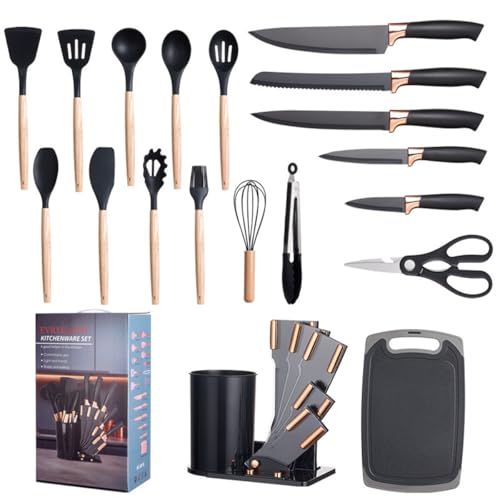 Kitchen Cooking Utensils and Knife Set with Block, 19 Pieces Cooks Cutting Set 11 Silicone Utensils Tool 5 Pcs Sharp Stainless Steel Chef Knives Scissors Whisk Tongs and Cutting Board (Grey) - color: Gray