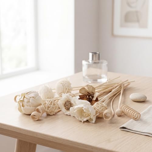 Xuhal 124 Pcs Reed Diffuser Set Natural Rattan Sticks 5.1oz Empty Glass Bottles 22 Flower Reeds Home Fragrance Diffuser Kit for Living Room Bedroom Office Decor DIY Housewarming Gift