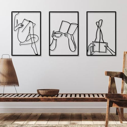 CHENGU 3 Pieces Metal Minimalist Abstract Woman Wall Art Line Drawing Wall Art Decor Single Line Female Home Hanging for Kitchen Bathroom Living Room - style: Book Style