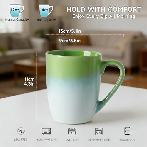 MONITO 17oz Ceramic Coffee Mugs Set of 6, Green Gradient Mugs with Handle | Mugs with Gold Rim for Latte,Tea&Cocoa,Dishwasher&Microwave Safe,Reactive Glaze Cups,Ideal Gift for Office and Home Use - color: White-green(14oz)