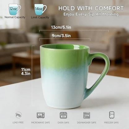 MONITO 17oz Ceramic Coffee Mugs Set of 6, Green Gradient Mugs with Handle | Mugs with Gold Rim for Latte,Tea&Cocoa,Dishwasher&Microwave Safe,Reactive Glaze Cups,Ideal Gift for Office and Home Use - color: White-green(14oz)