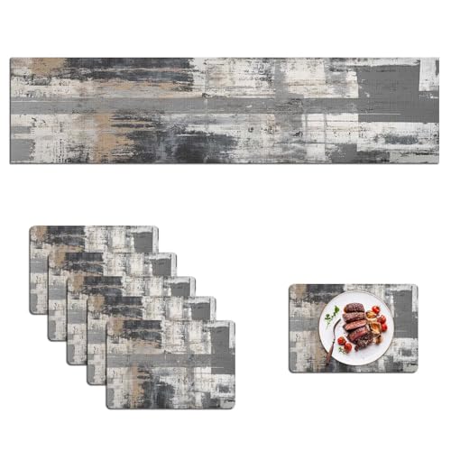 Mcalk Grey Table Runner and Placemats Set of 6, Abstract Black Placemats, Modern Cloth Place Mats Indoor for Kitchen,Washable Linen Material for Dining Table - color: 01grey1