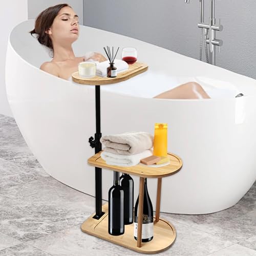 3 Layer Bath Tub Tray Table Liftable Freestanding Bamboo Bath Tray Caddy for Tub Against Wall Shelf Bathroom Organizer Shelf for Luxury Spa, Home Spa Bathtub Accessories