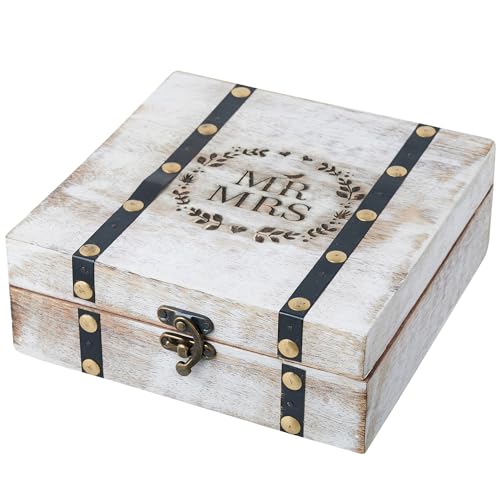 Wedding Keepsake Box with Lids Bridal Arranger Memory Storage Box Bridal Shower Gifts Wooden Wedding Engagement Couples Gifts 7X7X3 Inches Mr and Mrs (WHITE)