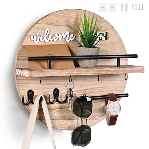 Key Holder for Wall Decorative, Key Hooks Wall Mounted with Shelf and Wooden Key Holder Round Key Hooks for Entryway Mudroom Hallway Kitchen Office (Wood) - color: Wood
