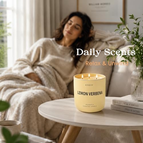 Lemon Verbena Candle, 14.1oz Large 3-Wick Soy Wax Candle, Up to 80 Hours Burn Time, Non-Toxic Aromatherapy Jar Candle with Essential Oils, Citrus Scented Candle for Home