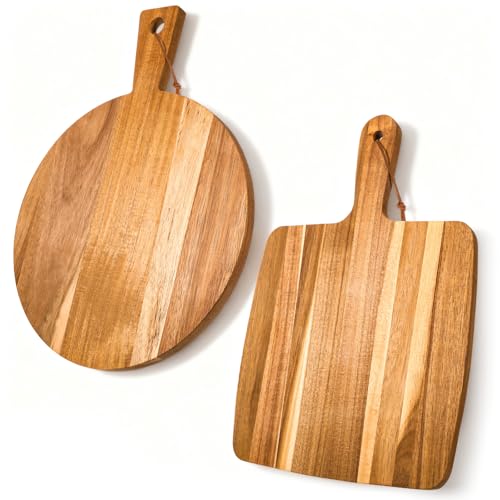 2 Pcs Acacia Wood Cutting Board with Handle, Decorative Wooden Serving Chopping Board Large Butter Charcuterie Butcher Blocks Tray for Kitchen Pizza Cheese Meat Vegetables Fruit Bread Baking