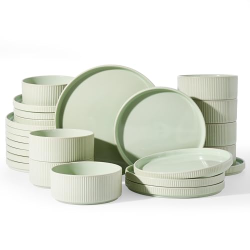 Famiware Stoneware Dinnerware Set for 8, Rimmed Plates, Bowls, Green Dishes | 24-Piece Ceramic Dishes, Chip & Scratch Resistant , Microwave & Dishwasher Safe, Everyday Dining, Modern Rustic, Lipped Edges - color: Light Green, size: Service for 8