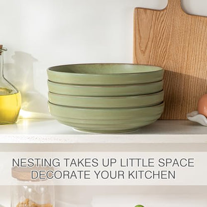 HAPPY KIT Stoneware 9'' Pasta Bowls 42oz Set of 4, Meadow Green | 42 Oz, Stoneware, Reactive Glaze, Scratch Resistant - color: MeadowGreen