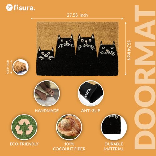 Fisura – Doormat for Outdoor Entrance with Cats Design, Welcome Mat for Front Door Made of Coconut Fiber with Non-Slip PVC Base, Hand-Painted, 30 x 18 Inches. | Doormat with non-slip PVC backing. Black interior doormat. Entrance rug with fun shape. 60 x 4