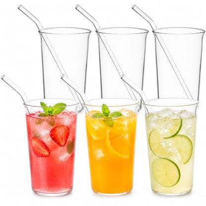 6 Piece Drinking Glasses 16 Oz Clear Drinking Glass with Straws Highball Glasses with Glass Straws Kitchen Glassware for Juice Coffee Cocktail Home Restaurant Party Tea, Water, Gift