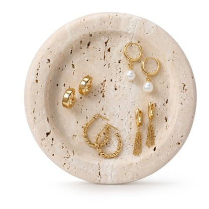 5.5 Inch Small Travertine Stone Tray Marble Jewelry Dish Trinket Tray for Women, Perfume, Coffee Table (Round) - style: Round