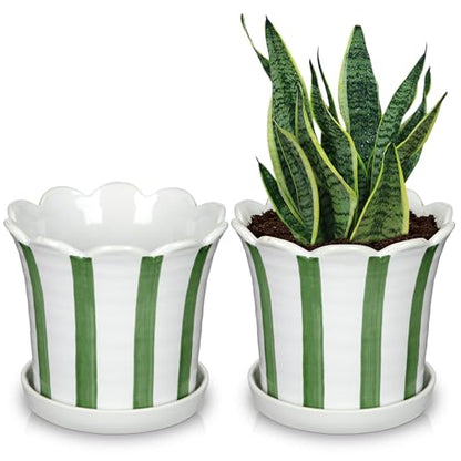 Set of 2 Flower Planter, 5.8 inch Ceramic Plant Pots with Drainage Hole and Sauser, Stripe Ceramic Planters with Wavy Opening for Indoor Outdoor Home Gardening Desktop Windowsill - color: Green & White