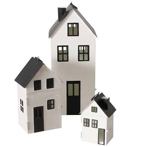Main Street Town House Candle Lanterns, Set of 3, Vintage Style, Rustic Black Roofs, White and Grey Walls, Metal, 13.75, 8.25, and 5 Inches Tall - color: White & Grey Walls With Rustic Black Roofs