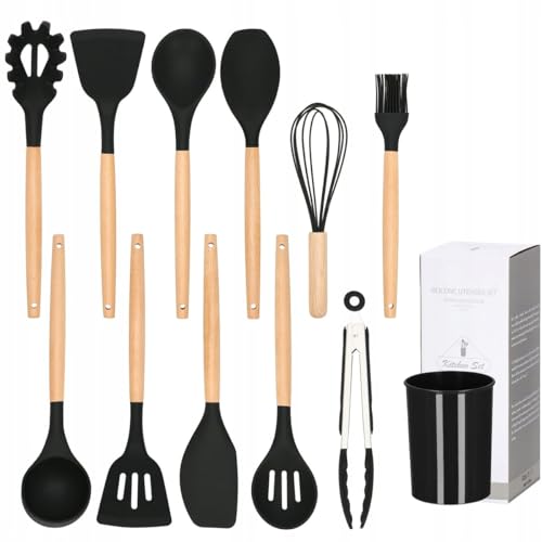 Silicone Cooking Utensils Kitchen Utensil Set - 446°F Heat Resistant Silicone Kitchen Utensils Set, Spatula,Turner Tongs, Spoon, Brush, Whisk,Kitchen Gadgets for Nonstick Cookware, BPA Free (Black) - color: Black