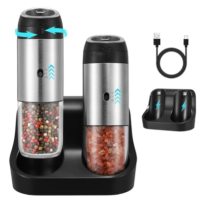 Rechargeable Gravity Electric Salt Grinder Set,Stainless Steel | with Variable Grinding Speed, External Adjustable Coarseness,Charging Base and White LED Light - color: Stainless Steel with Charging Base