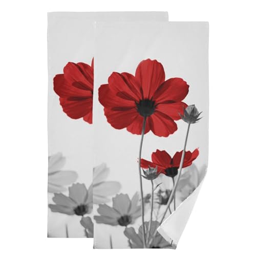 2 Pack Red and Gray Daisy Floral Hand Towels for Bathroom,Absorbent Fingertip Vintage Country Grey Flower Bouquet Guest Decorative Bathroom Towels,Soft Dish Towels for Kitchen Decor 14"x28" - color: Red Grey