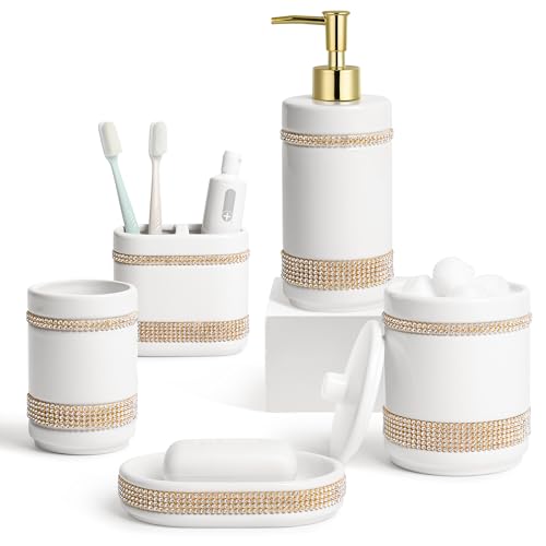 RQYIXI Ceramic 5-Piece Bathroom Accessories Set, Diamonds with White | white ceramic Cotton Swab Jar modern countertop organization - color: White, size: With diamonds-5-Piece