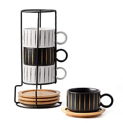 LUKA Porcelain Espresso Cup with Saucer and Metal Stand, 6 Ounce Stackable Ceramic Demitasse Espresso Mugs Cappuccino Cups Set for Latte,Coffee,Cafe Mocha,Tea(Set of 4) - color: Black & White Stripes