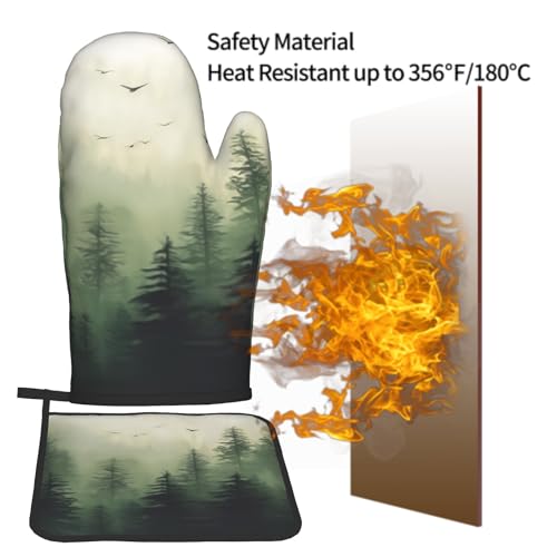 Giwawa Green Misty Forest Oven Mitts and Pot Holder Set of 2 Mountain Woodland Heat Resistant Kitchen Gloves Hot Pad for Baking Cooking Microwave - color: Green Forest