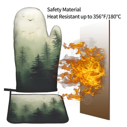 Giwawa Green Misty Forest Oven Mitts and Pot Holder Set of 2 Mountain Woodland Heat Resistant Kitchen Gloves Hot Pad for Baking Cooking Microwave - color: Green Forest