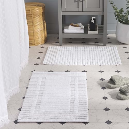 SAFAVIEH Plush Master Bath Greyson Collection - 2' x 3', White, Handmade Cotton, Washable & Slip Resistant, Striped Design, Bathmat Set of 2 - color: White