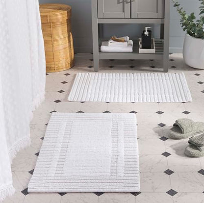 SAFAVIEH Plush Master Bath Greyson Collection - 2' x 3', White, Handmade Cotton, Washable & Slip Resistant, Striped Design, Bathmat Set of 2 - color: White