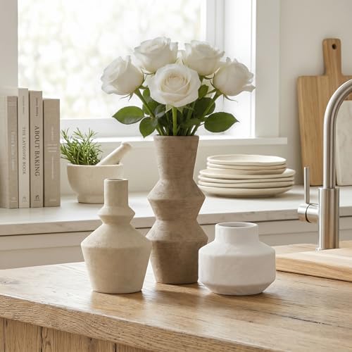 DREAMLOOM Modern Modern Ceramic Vase Set of 3, Brown | Funnel Shaped, Farmhouse Rustic, Pampas Grass, Home Decor, Living Room Bedroom Kitchen Shelf Centerpiece - color: Dark Tea Combo - Funnel-shaped