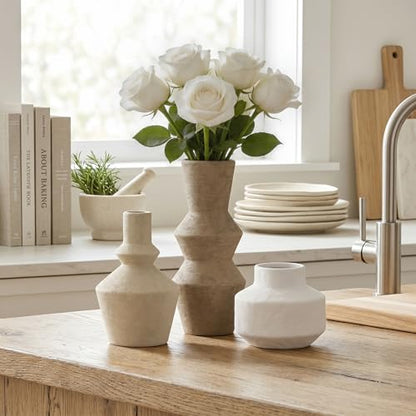 DREAMLOOM Modern Modern Ceramic Vase Set of 3, Brown | Funnel Shaped, Farmhouse Rustic, Pampas Grass, Home Decor, Living Room Bedroom Kitchen Shelf Centerpiece - color: Dark Tea Combo - Funnel-shaped