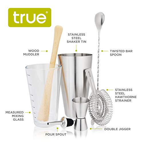 True 7-Piece Barware Set for Mixed Drinks and Cold Brew Cocktails, Includes Boston Cocktail Shaker Tin, Mixing Glass, Jigger, Muddler, Strainer, Bar Spoon, Pour Spout for Home Bar, Bartender Gifts - size: 7 Piece