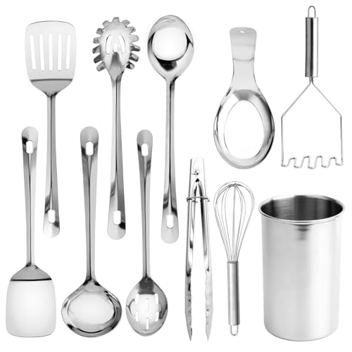 COOK WITH COLOR Kitchen Utensil Set - premium Nonstick & Heat Resistant Kitchen Gadgets, Turner, Spaghetti Server, Serving Spoons, Whisk, Tongs, Masher & Utensil Holder, 10-piece Stainless Steel - color: Stainless Steel