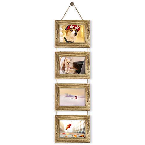 DLQuarts 5x7 Hanging Picture Frames Collage Wall Decor, 4-Opening 5x7 Matted to 3.5x5 Photo Rustic Wood Frame with Hemp Rope, 1 Pack, Carbonized Brown - color: Carbonized Brown, size: 5x7-1 Pack