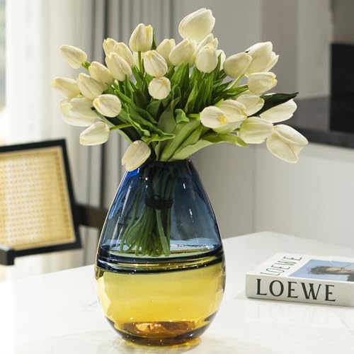 Glass Handmade Decorative Vase Ombre Centerpiece Vase with Yellow Base, Flower Vase for Home Decoration (Tall vase) - size: tall vase