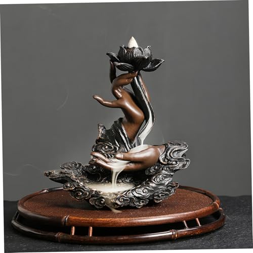 Backflow Incense Burner 7.1x3x6.4 Retro Lotus Waterfall Incense Holder with Buddhas Hand, Decorative Resin Burner for Teahouse, Meditation | Backflow