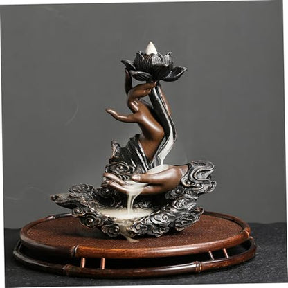 Backflow Incense Burner 7.1x3x6.4 Retro Lotus Waterfall Incense Holder with Buddhas Hand, Decorative Resin Burner for Teahouse, Meditation | Backflow