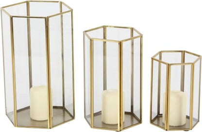 CosmoLiving by Cosmopolitan Glass Decorative Candle Lantern with Metal Plate, Set of 3 6", 8", 10" H, Gold (Pack of 5) - size: 3 PIECES SMALL SIZE (Pack of 5)
