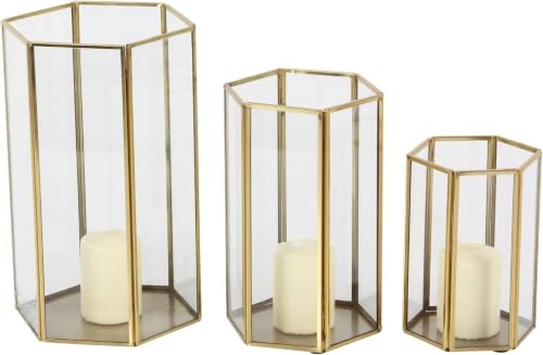 CosmoLiving by Cosmopolitan Glass Decorative Candle Lantern with Metal Plate, Set of 3 6", 8", 10" H, Gold (Pack of 5) - size: 3 PIECES SMALL SIZE (Pack of 5)
