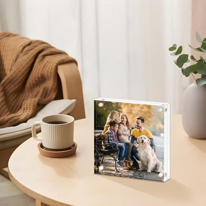 AMEITECH 8x8 Acrylic Picture Frame, Frameless Clear Photo Frames | Double Sided Floating Magnetic Frames, 24mm Thick, Free Standing Desktop Display for Postcards, Pictures and Artworks - size: 8 x 8 inch