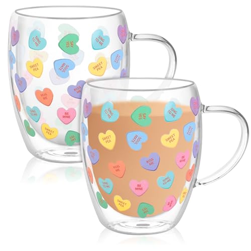 JarThenaAMCS Valentine' s Day Double Wall Glass Coffee Mugs Insulated Glasses 12Oz Candy Conversation Heart Clear Espresso Cups with Handle for Home Holiday Supplies, Set of 2 - style: Pastel Conversation Heart