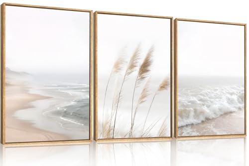 LHIUEM Large Neutral Coastal Reed Framed Canvas Wall Art,Modern Beach Natural Wall Decor,Boho Ocean Waves Picture,Minimalist Beige Seascape Artwork for Living Room,Bedroom,Dining Room -16"x24"x3 - color: Beach Reed Wall Art, size: 16''x24''x3