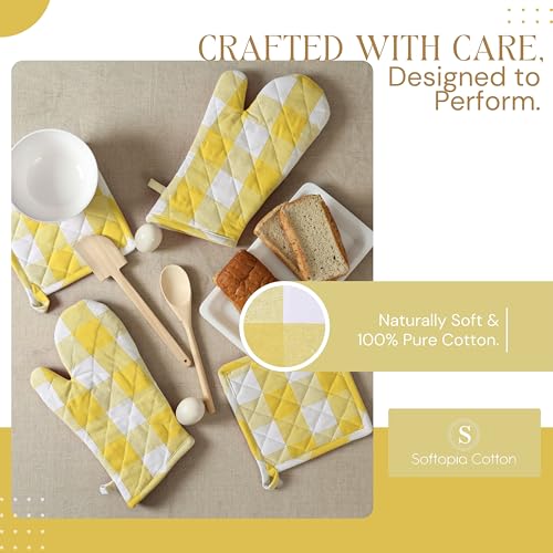 Buffalo Plaid Check Oven Mitts and Pot Holders Set, 100% Cotton, Heat Resistant, 2 Oven Gloves 7x13 Inches and 2 Hot Pads 8x8 Inches for Cooking and Baking, Lemon Yellow White - color: Lemon Yellow, Buffalo Plaid