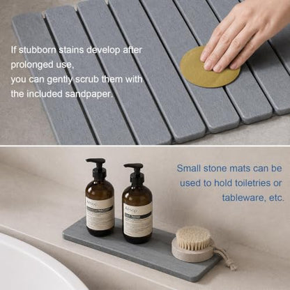 Foldable Stone Bath Mat, Quick Dry Diatomaceous Earth Bath Mat with Non-Slip Mat, Super Absorbent, Easy to Clean, Compact for Bathrooms&Kitchen Counter, 24"×16" & 8"x4", Grey