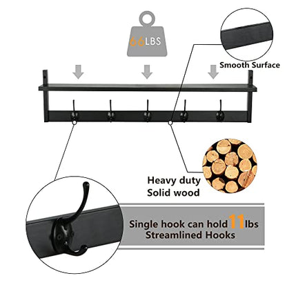 AMBIRD Wall Hooks with Shelf Entryway Hanging Wood Coat Hooks with Shelf Wall-Mounted Coat Hook Rack with 5 Dual Hooks for Bathroom, Living Room, Bedroom (Stylish Black) - size: 28.9inch, style: Stylish