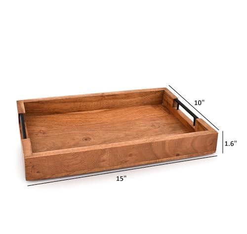 Tray with Metal Handles Acacia Wood Serving Tray Decorative Ottoman Coffee Table Tray for Living Room Kitchen Food Tray (15" X 10" X 1.6")