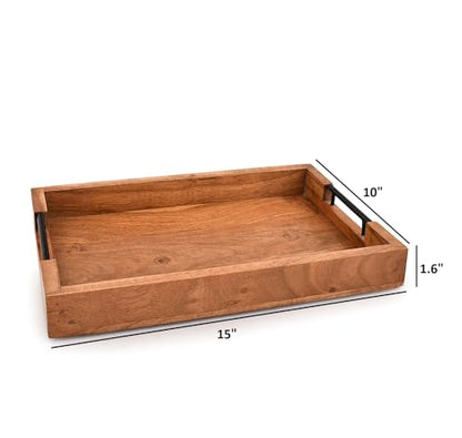 Tray with Metal Handles Acacia Wood Serving Tray Decorative Ottoman Coffee Table Tray for Living Room Kitchen Food Tray (15" X 10" X 1.6")